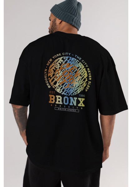 Brooklyn And New York Arka Baskılı Siyah Oversize T-Shirt Erkek Kadın Bisiklet Yaka