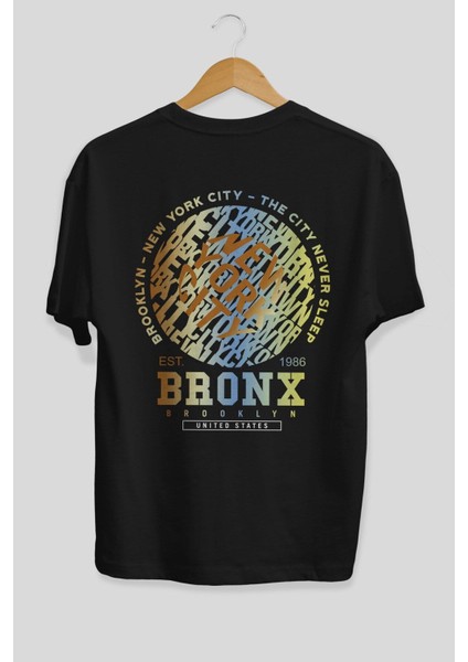 Brooklyn And New York Arka Baskılı Siyah Oversize T-Shirt Erkek Kadın Bisiklet Yaka fiyatları