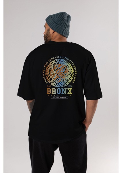 Brooklyn And New York Arka Baskılı Siyah Oversize T-Shirt Erkek Kadın Bisiklet Yaka modelleri