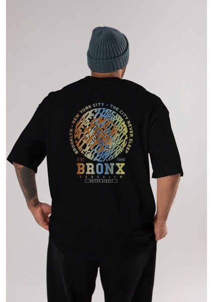 Brooklyn And New York Arka Baskılı Siyah Oversize T-Shirt Erkek Kadın Bisiklet Yaka fırsatları