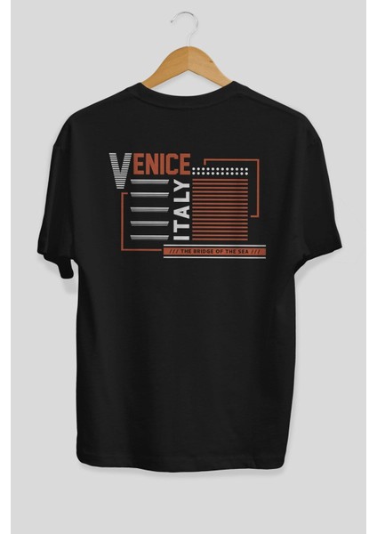 Venice Arka Baskılı Siyah Oversize T-Shirt Erkek Kadın Bisiklet Yaka fiyatları