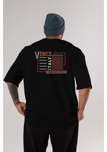 Venice Arka Baskılı Siyah Oversize T-Shirt Erkek Kadın Bisiklet Yaka modelleri