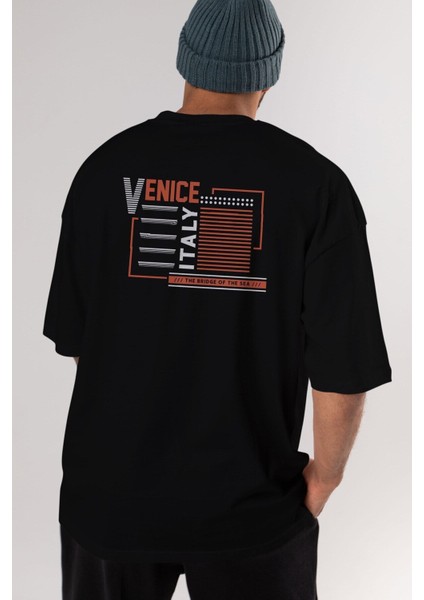 Venice Arka Baskılı Siyah Oversize T-Shirt Erkek Kadın Bisiklet Yaka fırsatları