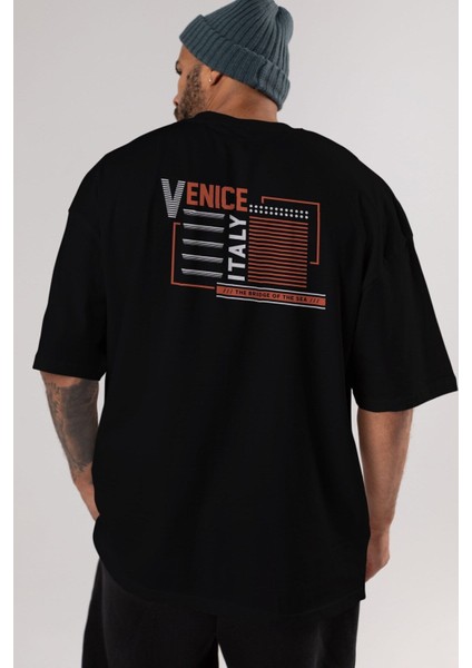 Venice Arka Baskılı Siyah Oversize T-Shirt Erkek Kadın Bisiklet Yaka indirimleri