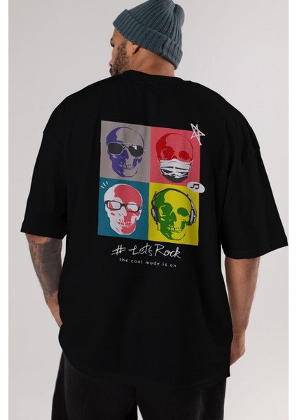 Lets Rock Arka Baskılı Siyah Oversize T-Shirt Erkek Kadın Bisiklet Yaka