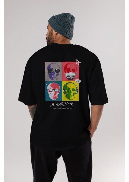 Lets Rock Arka Baskılı Siyah Oversize T-Shirt Erkek Kadın Bisiklet Yaka