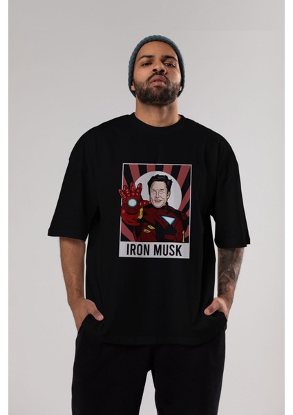 Elon Musk Iron Man Ön Baskılı Siyah Oversize T-Shirt Erkek Kadın Bisiklet Yaka