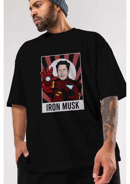 Elon Musk Iron Man Ön Baskılı Siyah Oversize T-Shirt Erkek Kadın Bisiklet Yaka