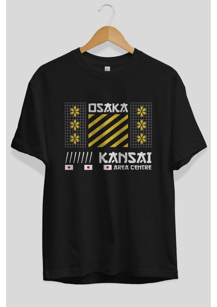 Osaka Kansai Area Centre Ön Baskılı Siyah Oversize T-Shirt Erkek Kadın Bisiklet Yaka