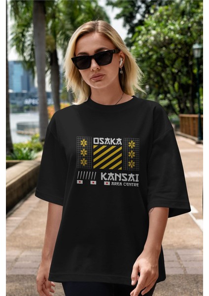 Osaka Kansai Area Centre Ön Baskılı Siyah Oversize T-Shirt Erkek Kadın Bisiklet Yaka fırsatları