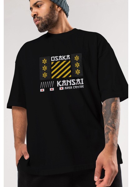 Osaka Kansai Area Centre Ön Baskılı Siyah Oversize T-Shirt Erkek Kadın Bisiklet Yaka indirimleri
