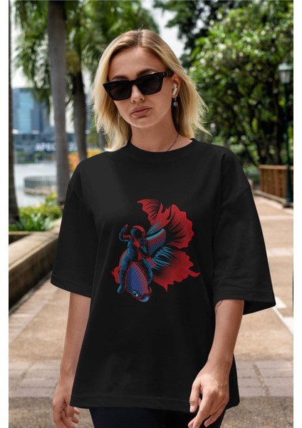 Astrofish Selfie Ön Baskılı Siyah Oversize T-Shirt Erkek Kadın Bisiklet Yaka fırsatları