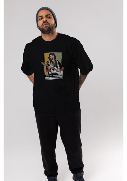 Che Guevara Hendrix Ön Baskılı Siyah Oversize T-Shirt Erkek Kadın Bisiklet Yaka