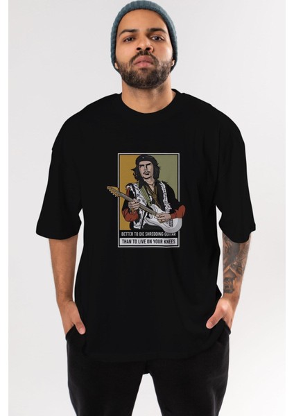 Che Guevara Hendrix Ön Baskılı Siyah Oversize T-Shirt Erkek Kadın Bisiklet Yaka