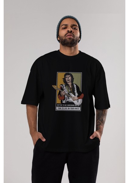 Che Guevara Hendrix Ön Baskılı Siyah Oversize T-Shirt Erkek Kadın Bisiklet Yaka