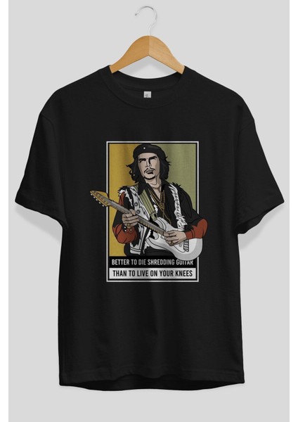 Che Guevara Hendrix Ön Baskılı Siyah Oversize T-Shirt Erkek Kadın Bisiklet Yaka