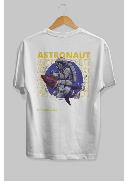 Astronaut Fly To The Arka Baskılı Beyaz Oversize T-Shirt Erkek Kadın Bisiklet Yaka indirimleri