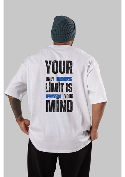 Your Limit Is Yazılı Arka Baskılı Beyaz Oversize T-Shirt Erkek Kadın Bisiklet Yaka