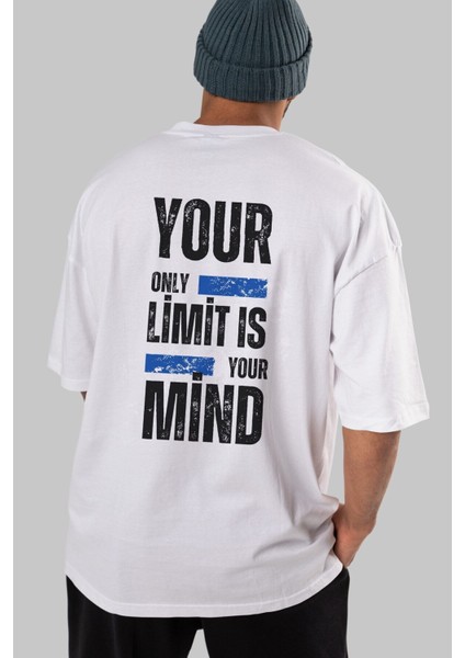 Your Limit Is Yazılı Arka Baskılı Beyaz Oversize T-Shirt Erkek Kadın Bisiklet Yaka modelleri