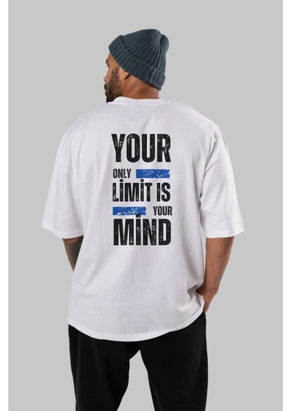 Your Limit Is Yazılı Arka Baskılı Beyaz Oversize T-Shirt Erkek Kadın Bisiklet Yaka fırsatları