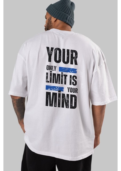 Your Limit Is Yazılı Arka Baskılı Beyaz Oversize T-Shirt Erkek Kadın Bisiklet Yaka indirimleri