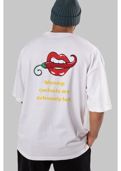 Warning Contents Yazılı Arka Baskılı Beyaz Oversize T-Shirt Erkek Kadın Bisiklet Yaka