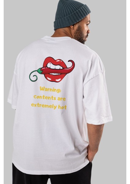 Warning Contents Yazılı Arka Baskılı Beyaz Oversize T-Shirt Erkek Kadın Bisiklet Yaka fiyatları