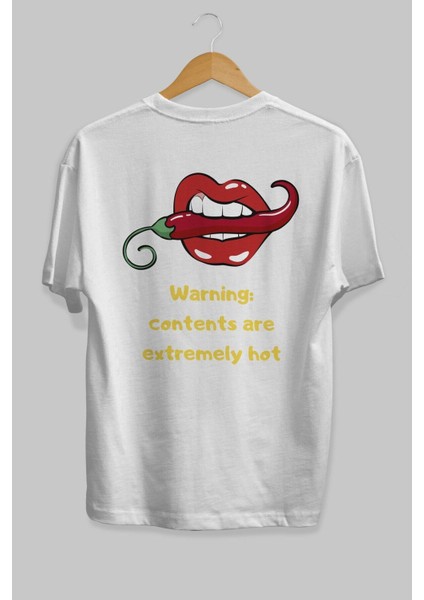 Warning Contents Yazılı Arka Baskılı Beyaz Oversize T-Shirt Erkek Kadın Bisiklet Yaka fırsatları