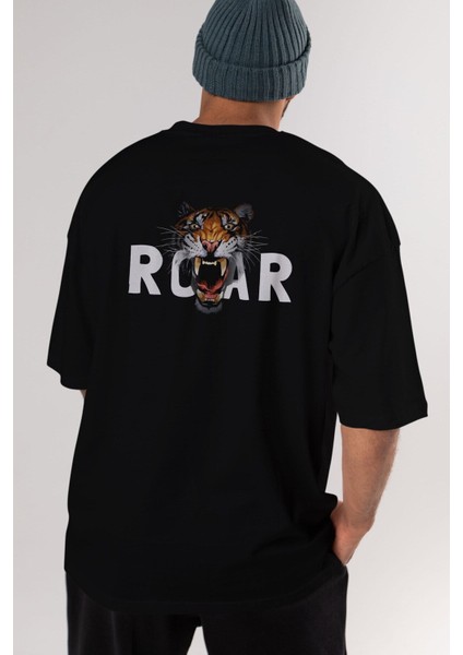 Teddy Bear Roar Arka Baskılı Siyah Erkek Kadın Bisiklet Yaka Oversize T-Shirt fiyatları