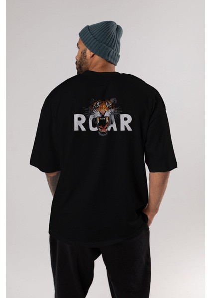 Teddy Bear Roar Arka Baskılı Siyah Erkek Kadın Bisiklet Yaka Oversize T-Shirt modelleri