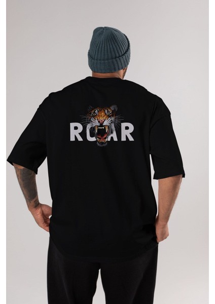 Teddy Bear Roar Arka Baskılı Siyah Erkek Kadın Bisiklet Yaka Oversize T-Shirt fırsatları