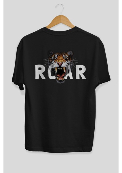 Teddy Bear Roar Arka Baskılı Siyah Erkek Kadın Bisiklet Yaka Oversize T-Shirt indirimleri
