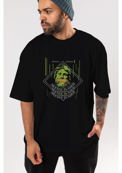 Silence Is Gold Ön Baskılı Siyah Oversize T-Shirt Erkek Kadın Bisiklet Yaka
