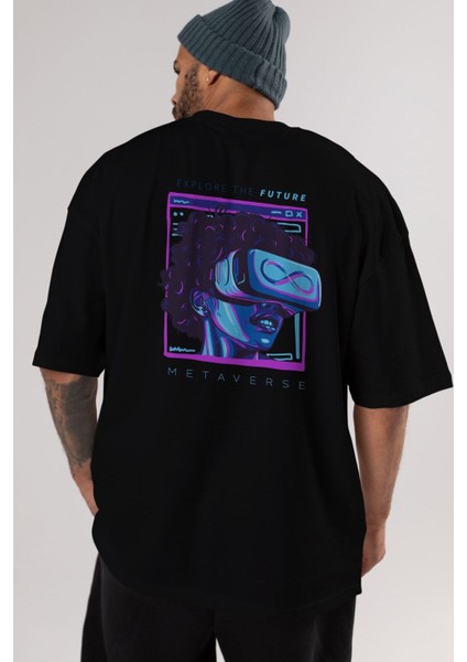 Metaverse Arka Baskılı Siyah Oversize T-Shirt Erkek Kadın Bisiklet Yaka fiyatları