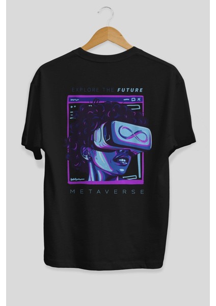Metaverse Arka Baskılı Siyah Oversize T-Shirt Erkek Kadın Bisiklet Yaka modelleri