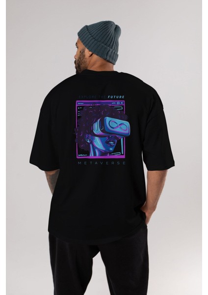Metaverse Arka Baskılı Siyah Oversize T-Shirt Erkek Kadın Bisiklet Yaka indirimleri