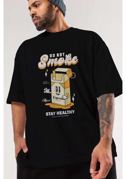 Do Not Smoke Ön Baskılı Siyah Oversize T-Shirt Erkek Kadın Bisiklet Yaka indirimleri