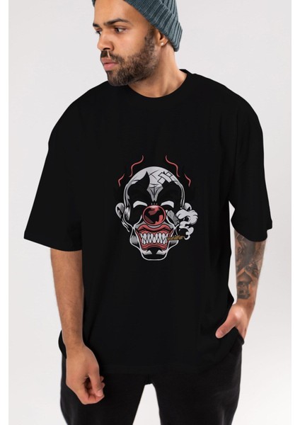 Clown Horror Ön Baskılı Siyah Oversize T-Shirt Erkek Kadın Bisiklet Yaka modelleri