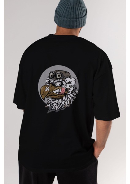 Bird Pilot Arka Baskılı Siyah Oversize T-Shirt Erkek Kadın Bisiklet Yaka