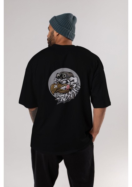 Bird Pilot Arka Baskılı Siyah Oversize T-Shirt Erkek Kadın Bisiklet Yaka indirimleri