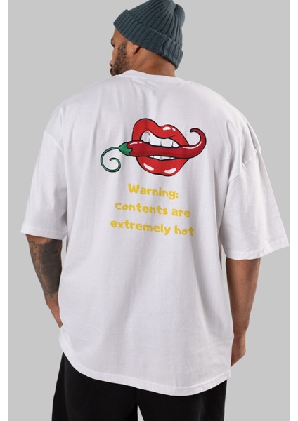 Warning Contents Yazılı Arka Baskılı Beyaz Oversize T-Shirt Erkek Kadın Bisiklet Yaka indirimleri