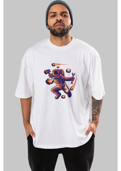 Astronaut Block Meteor Ön Baskılı Beyaz Oversize T-Shirt Erkek Kadın Bisiklet Yaka