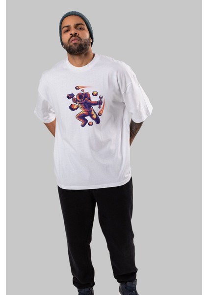 Astronaut Block Meteor Ön Baskılı Beyaz Oversize T-Shirt Erkek Kadın Bisiklet Yaka