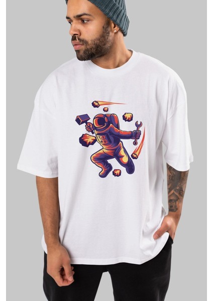 Astronaut Block Meteor Ön Baskılı Beyaz Oversize T-Shirt Erkek Kadın Bisiklet Yaka