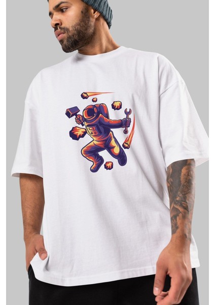 Astronaut Block Meteor Ön Baskılı Beyaz Oversize T-Shirt Erkek Kadın Bisiklet Yaka