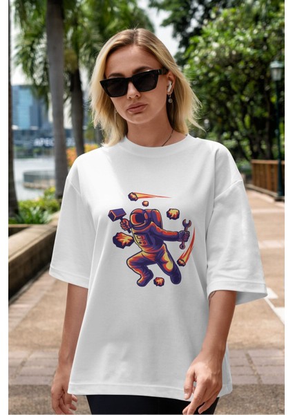 Astronaut Block Meteor Ön Baskılı Beyaz Oversize T-Shirt Erkek Kadın Bisiklet Yaka