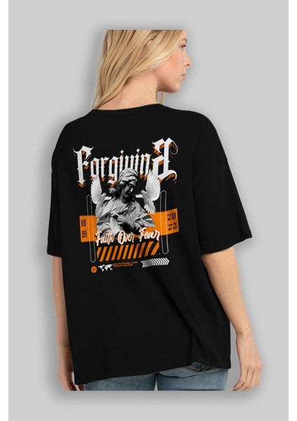 Faith Over Fear Arka Baskılı Siyah Oversize T-Shirt Erkek Kadın Bisiklet Yaka fiyatları