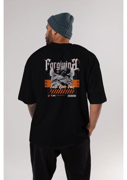 Faith Over Fear Arka Baskılı Siyah Oversize T-Shirt Erkek Kadın Bisiklet Yaka indirimleri