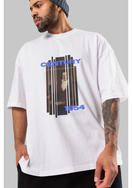 Century 1854 Yazılı Ön Baskılı Beyaz Oversize T-Shirt Erkek Kadın Bisiklet Yaka modelleri