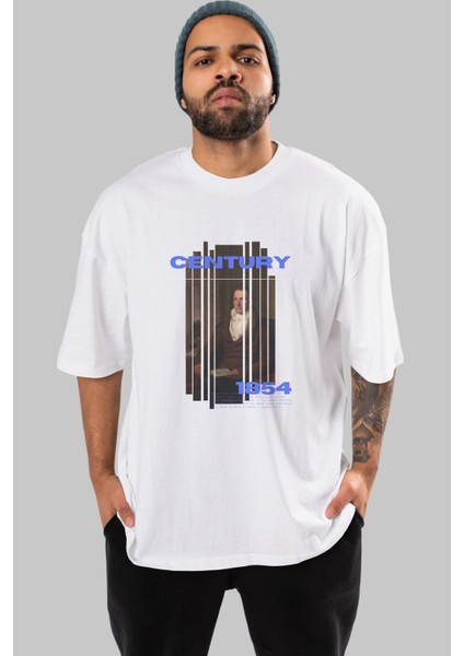 Century 1854 Yazılı Ön Baskılı Beyaz Oversize T-Shirt Erkek Kadın Bisiklet Yaka fırsatları